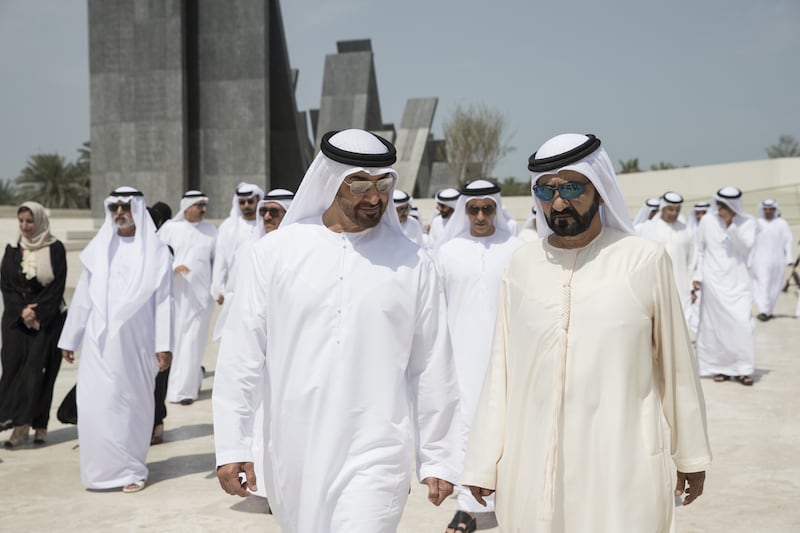 Sheikh Mohammed bin Rashid, Prime Minister and Ruler of Dubai, and Sheikh Mohammed bin Zayed, Crown Prince of Abu Dhabi and Deputy Supreme Commander of the Armed Forces, speak after a Cabinet meeting at Wahat Al Karama on Sunday. Ryan Carter / Crown Prince Court - Abu Dhabi