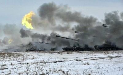 Russian howitzers fire during military drills near Orenburg in the Urals. AP