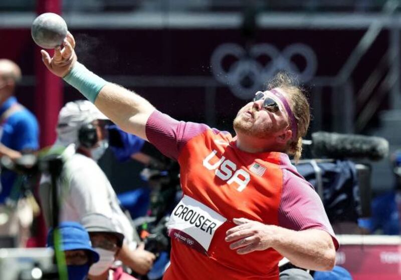 Ryan Crouser of the United States competes en route to winning the men's shot put final at the Tokyo Olympics.