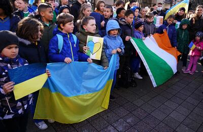 Pupils from St Joseph's School in Dublin take part in a demonstration in the Irish capital. The school has taken in 28 primary and 18 secondary pupils from Ukraine in recent weeks. PA 