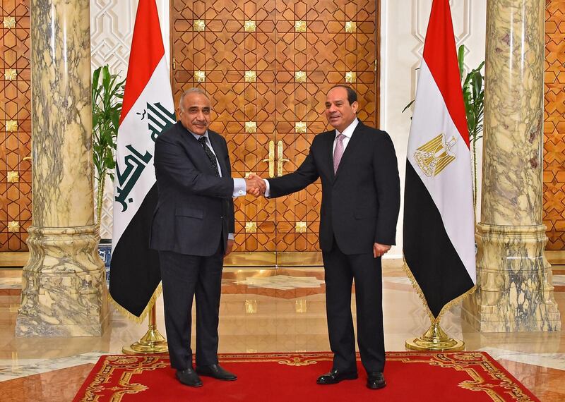 Egyptian President Abdel Fattah al-Sisi welcomes Iraqi Prime Minister Adel Abdel Mahdi at the presidential palace in Cairo, Egypt.  EPA