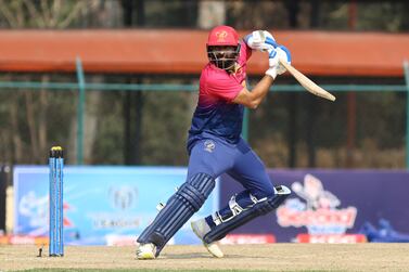 Skipper Muhammad Waseem of UAE plays a shot in the ICC Cricket World Cup League 2 match between United Arab Emirates (UAE) and Papua New Guinea (PNG) at the TU International Cricket Stadium, Kathmandu, Nepal on Wednesday, 15th March 2023.