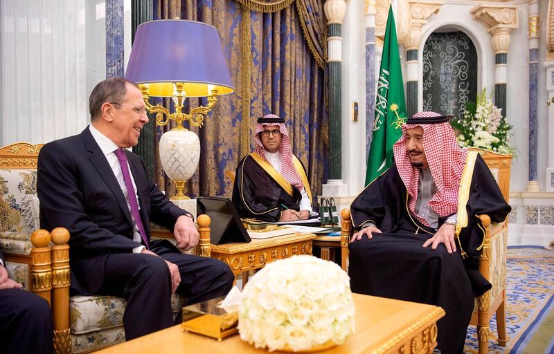 A handout photo made available by the Saudi Royal Court shows Saudi King Salman bin Abdulaziz meeting with Russian Foreign Minister Sergey Lavrov in Riyadh.  EPA