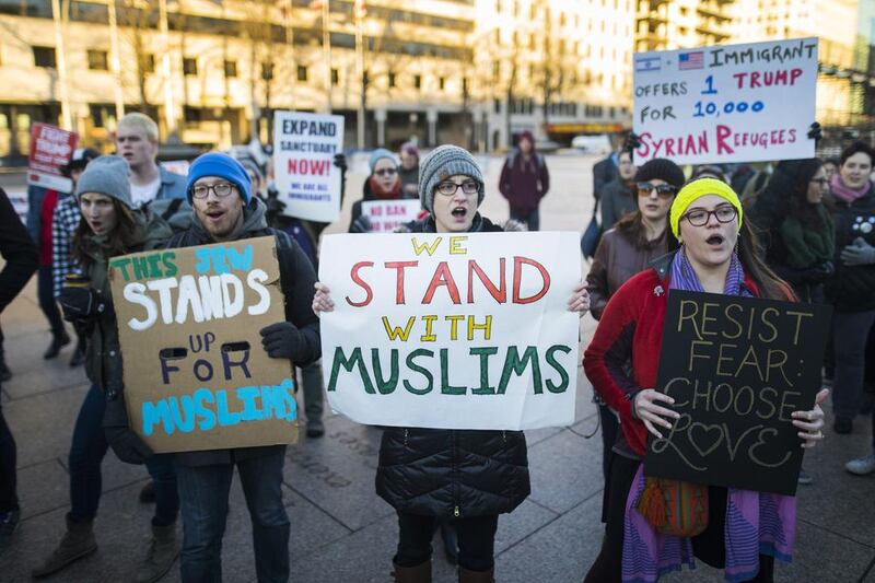 Supporters of Muslim Americans host a rally against President Trump’s ‘Muslim ban’ policies in Washington DC. The rally comes after the Trump Administration announced that it will suspend immigration from seven predominantly Muslim countries. Jim Lo Scalzo / EPA