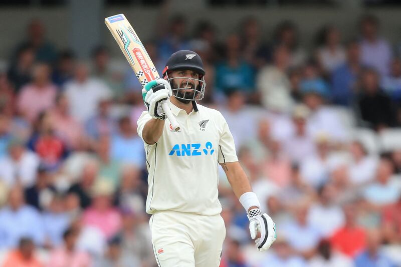 New Zealand's Daryl Mitchell celebrates reaching 50 against England on Day 1 of the third Test at Headingley in Leeds on Thursday, June 23. AFP