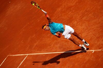 ROME, ITALY - MAY 17: Rafael Nadal of Spain serves against Fernando Verdasco of Spain in their Men's Single Quarterfinals Match during day six of the International BNL d'Italia at Foro Italico on May 17, 2019 in Rome, Italy. (Photo by Clive Brunskill/Getty Images) *** BESTPIX ***