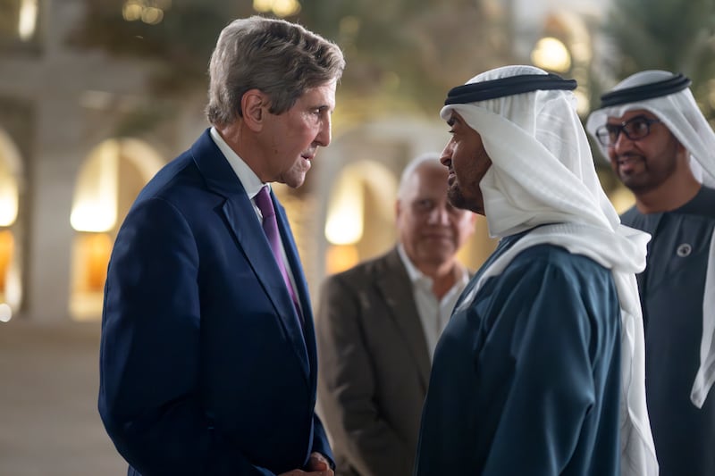 Sheikh Mohamed talks with US Special Presidential Envoy for Climate John Kerry at Qasr Al Hosn in Abu Dhabi. Wam