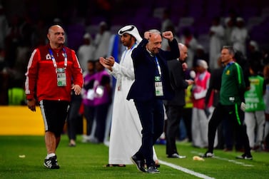 Alberto Zaccheroni celebrates their win during the 2019 AFC Asian Cup quarter-final football match between UAE and Australia at Hazaa bin Zayed Stadium in Al-Ain on January 25, 2019. / AFP / Giuseppe CACACE