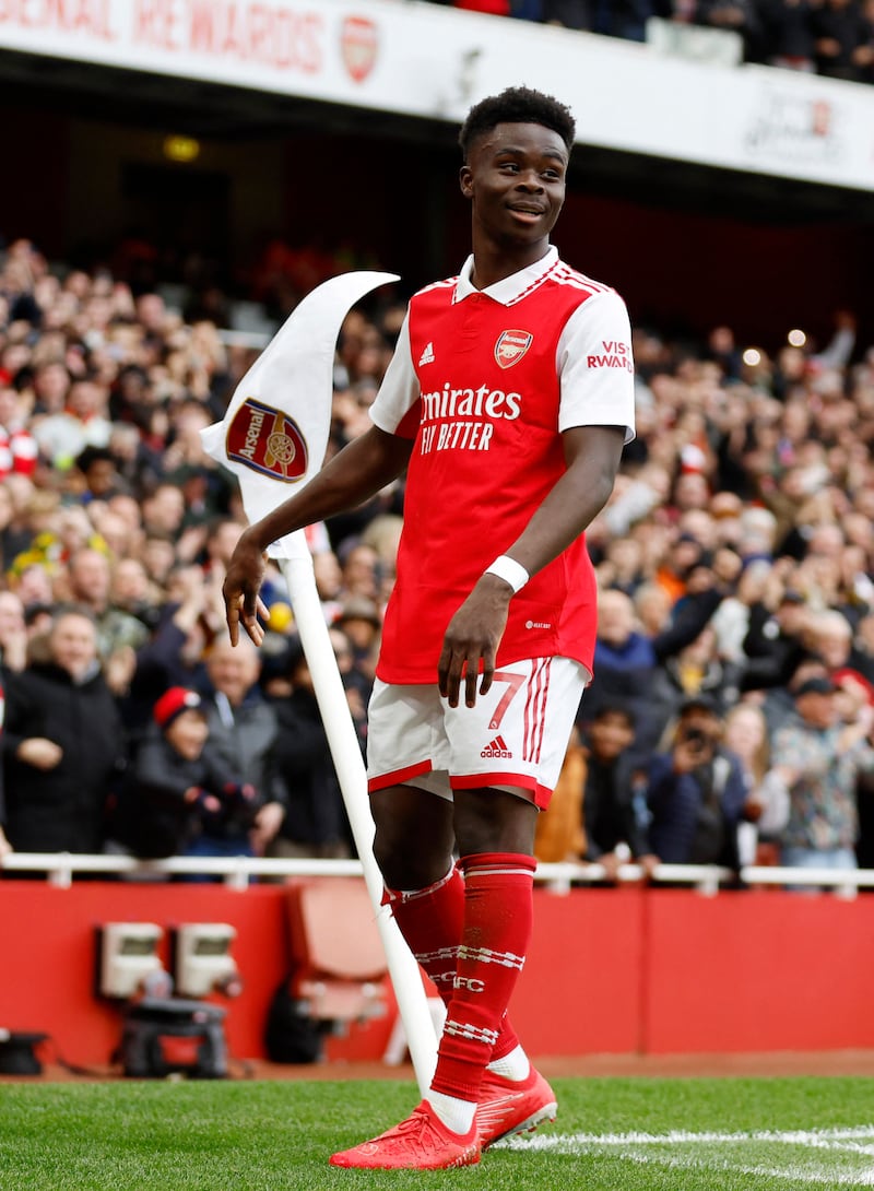 Bukayo Saka celebrates scoring Arsenal's second goal. Action Images
