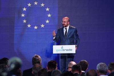 European Council President Charles Michel speaks at an event concerning a floating gas storage unit in Alexandroupolis, Greece on Tuesday. Reuters
