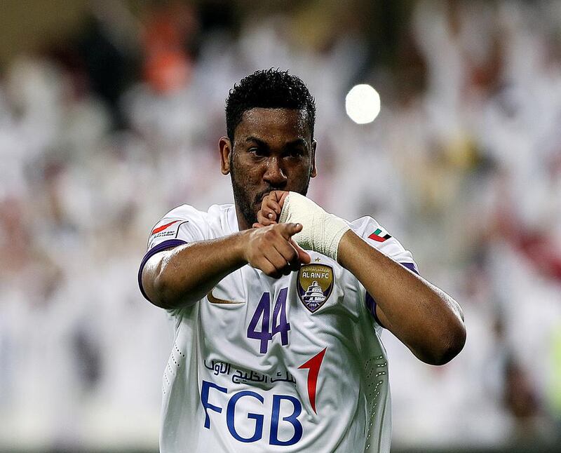 Fares Juma of Al Ain celebrates after scoring a goal against Al Wahda during their Arabian Gulf League match at the Hazza bin Zayed stadium in Al Ain on December 10, 2014. Satish Kumar / The National