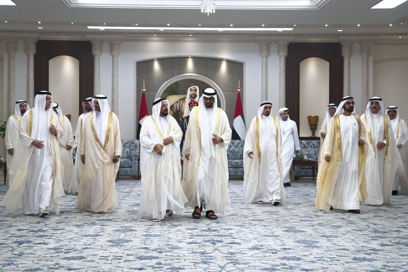 ABU DHABI, UNITED ARAB EMIRATES - August 21, 2018: 
HH Sheikh Saud bin Saqr Al Qasimi, UAE Supreme Council Member and Ruler of Ras Al Khaimah (L), HH Sheikh Hamad bin Mohamed Al Sharqi, UAE Supreme Council Member and Ruler of Fujairah (2nd L), HH Dr Sheikh Sultan bin Mohamed Al Qasimi, UAE Supreme Council Member and Ruler of Sharjah (3rd L), HH Sheikh Mohamed bin Zayed Al Nahyan, Crown Prince of Abu Dhabi and Deputy Supreme Commander of the UAE Armed Forces (4th L), HH Sheikh Humaid bin Rashid Al Nuaimi, UAE Supreme Council Member and Ruler of Ajman (5th L), HH Sheikh Mohamed bin Rashid Al Maktoum, Vice-President, Prime Minister of the UAE, Ruler of Dubai and Minister of Defence (6th L) and HH Sheikh Saud bin Rashid Al Mu'alla, UAE Supreme Council Member and Ruler of Umm Al Quwain (R). 

 Eid Al Adha reception at Mushrif Palace. 


( Hamad Al Kaabi / Crown Prince Court - Abu Dhabi )
---