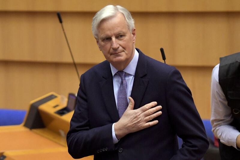 Head of the Task Force for Relations with the UK, Michel Barnier gestures during the debate on EU-UK trade and cooperation agreement during the second day of a plenary session at the European Parliament in Brussels, on April 27, 2021. / AFP / JOHN THYS
