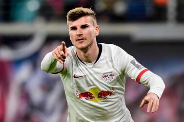 epa08465775 (FILE) Leipzig's Timo Werner celebrates after scores during the German Bundesliga soccer match between 1. RB Leipzig vs FC Koeln in Leipzig , Germany, 23 November 2019. According to reports on 04 June 2020, English Premier League side Chelsea is in talks with Leipzig 24-year-old forward Timo Werner. EPA/FILIP SINGER CONDITIONS - ATTENTION: The DFL regulations prohibit any use of photographs as image sequences and/or quasi-video.