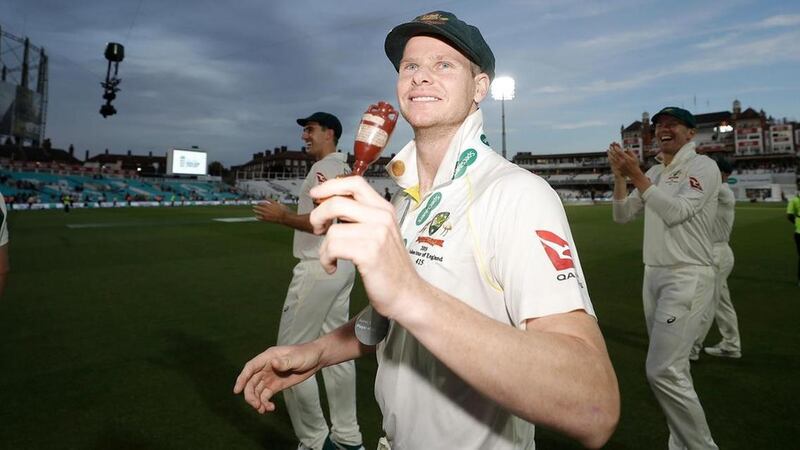Steve Smith celebrates after Australia retained the Ashes in England last summer. Getty 