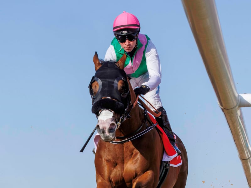 Tadgh O’Shea on Laurel River on their way to winning the Group 3 Burj Nahar on Super Saturday at Meydan in March. Photo: Dubai Racing Club
