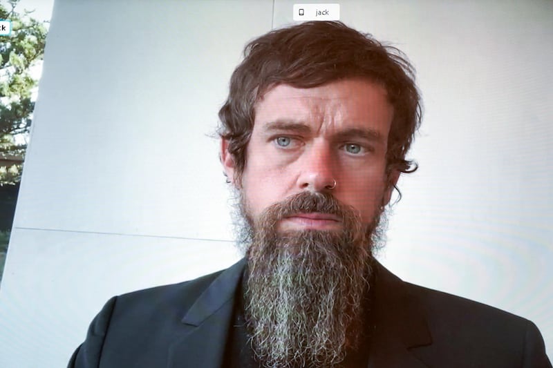 Jack Dorsey, chief executive officer of Twitter Inc., listens on a videoconference during a Senate Commerce, Science and Transportation Committee hearing in Washington, D.C., U.S., on Wednesday, Oct. 28, 2020. The heads of America's big internet companies will defend legal protections granted to the industry today when they testify before a congressional committee about social media's role in moderating speech online. Photographer: Greg Nash/The Hill/Bloomberg