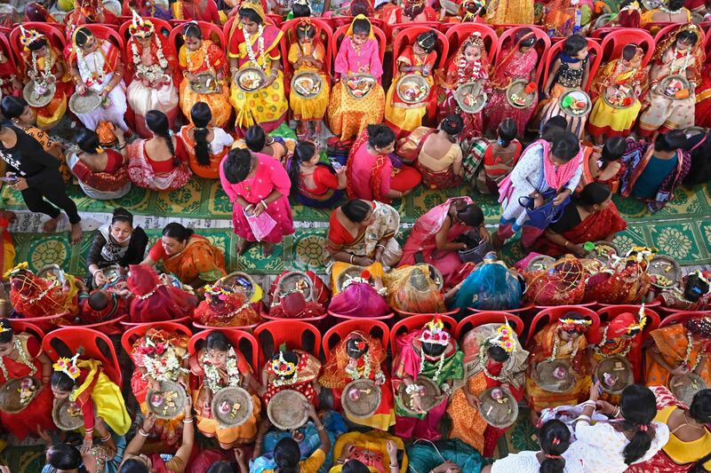 Girls take part in the Kumari Puja ritual as part of the annual Hindu festival of Ram Navami, at the Adyapeath ashram on the outskirts of Kolkata. AFP