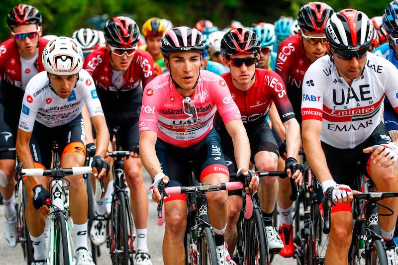 Team UAE Emirates rider and overall leader Pink Jersey holder Italy's Valerio Conti
rides in the pack during stage seven of the 102nd Giro d'Italia - Tour of Italy - cycle race, 185kms from Vasto to  L'Aquila on May 17, 2019. / AFP / Luk BENIES
