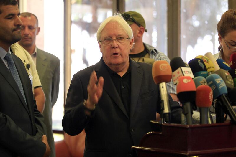 The United Nations Special Envoy to Yemen Martin Griffiths speaks to the press before his departure at Sanaa international airport, on June 5, 2018. / AFP / MOHAMMED HUWAIS
