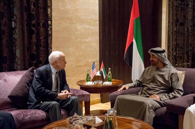 ABU DHABI, UNITED ARAB EMIRATES - February 21, 2017: HH Sheikh Mohamed bin Zayed Al Nahyan Crown Prince of Abu Dhabi Deputy Supreme Commander of the UAE Armed Forces (R), meets with John McCain, Senator of the United States of America and Chair of the Senate Armed Services Committee (L), at Al Shati Palace.

( Rashed Al Mansoori / Crown Prince Court - Abu Dhabi  ) *** Local Caption ***  20170221RMC04_3613.jpg