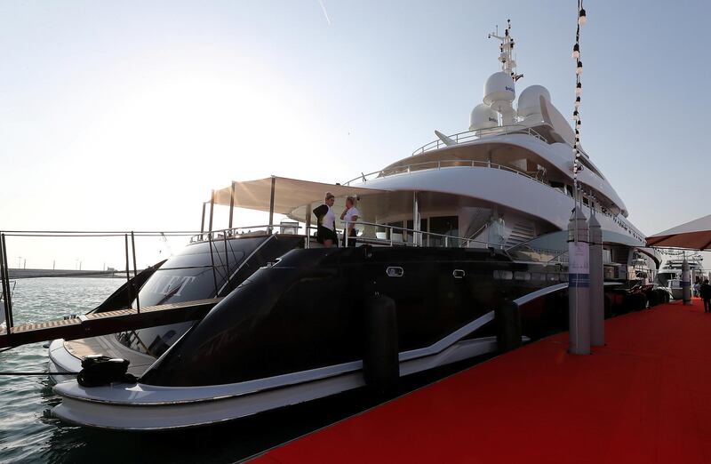 DUBAI , UNITED ARAB EMIRATES , February 26 – 2019 :- Outside view of the Rocket Yacht which is on display at the Dubai International Boat Show held in Dubai. ( Pawan Singh / The National ) For Lifestyle. Story by Sophie