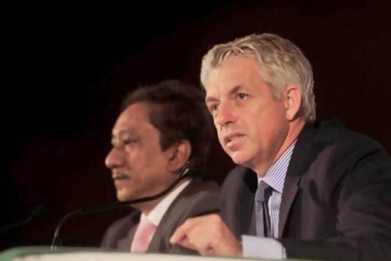 International Cricket Council chief executive David Richardson, right, speaks as Bangladesh Cricket Board president Nazmul Hassan looks on during a news conference on Tuesday in Dhaka, Bangladesh. AP Photo