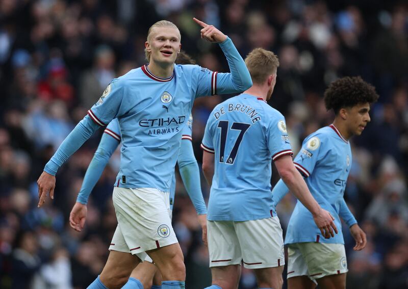 Erling Haaland celebrates scoring Manchester City's first goal in their 3-0 win over Wolves at the Etihad Stadium on January 22, 2023. Reuters