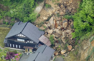 A landslide caused by Friday's earthquake is seen in Suzu city, Ishikawa prefecture, central Japan Saturday, May 6, 2023.  A strong, shallow offshore earthquake hit central Japan on Friday afternoon.  (Kyodo News via AP)