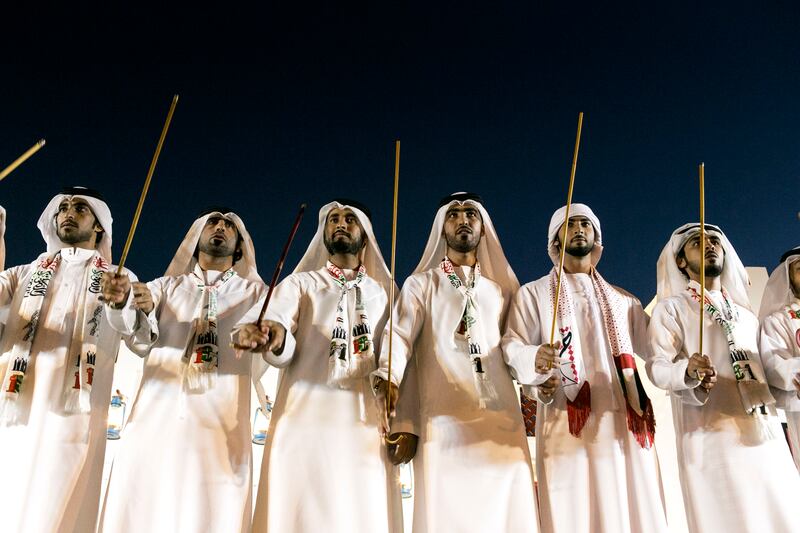 DUBAI, UNITED ARAB EMIRATES, 2 DEC 2015. Al razfa performance as part of the celebrations of UAE's 44th National Day at Heritage Village. Photo: Reem Mohammed/ The National (Reporter: Nick Webster Section: NA National Day) ID: 89935 *** Local Caption ***  RM_20151202_ND_017.JPG