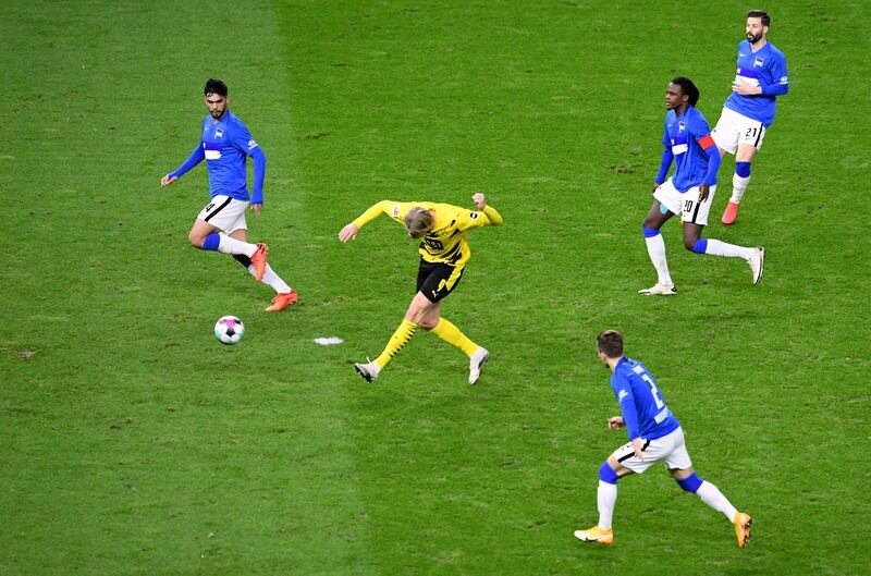 Dortmund's Erling Braut Haaland scores their fifth goal. Reuters
