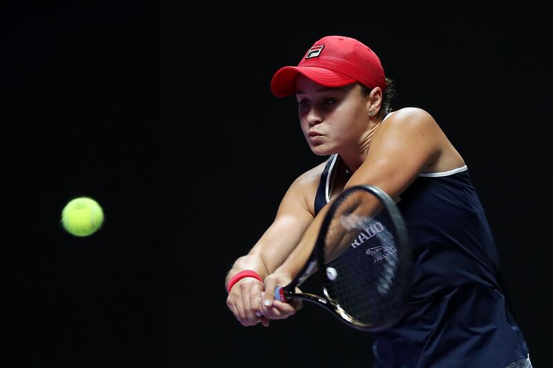 Ashleigh Barty plays a backhand against Petra Kvitova in Shenzhen. Getty Images