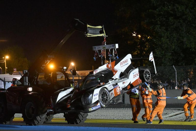 The Toyota TS050 Hybrid of Nicolas Lapierre is removed from the track. AFP