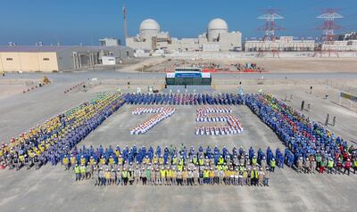 Workers from Barakah nuclear power plant mark 75 million 'safe working hours' last week. Courtesy: Emirates Nuclear Energy Corporation