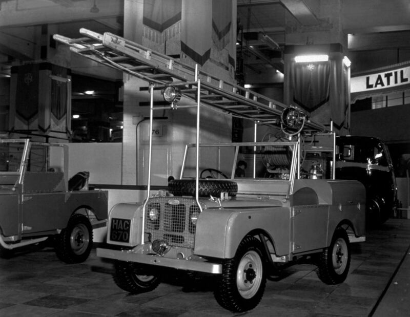 A Land Rover equipped as a fire engine on display at the International Motor Show at Earl's Court, London, in 1948. All photos: Getty Images