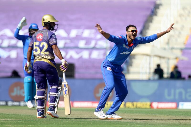 Axar Patel of Delhi Capitals appeals unsuccessfully during the toss of the match 42 of season 13 of the Dream 11 Indian Premier League (IPL) between the Kolkata Knight Riders and the Delhi Capitals at the Sheikh Zayed Stadium, Abu Dhabi  in the United Arab Emirates on the 24th October 2020.  Photo by: Vipin Pawar  / Sportzpics for BCCI