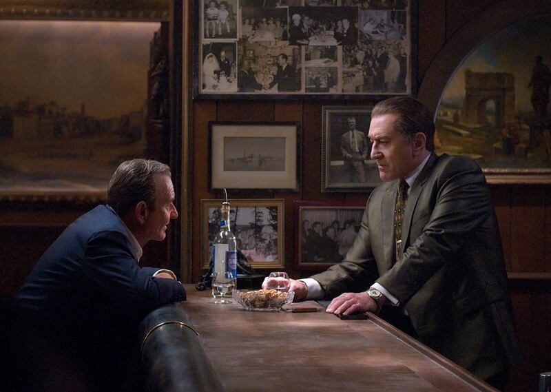 This image released by Netflix shows Joe Pesci, left, and Robert De Niro in a scene from "The Irishman." On Monday, Jan. 13, the film was nominated for an Oscar for best picture. (Niko Tavernise/Netflix via AP)