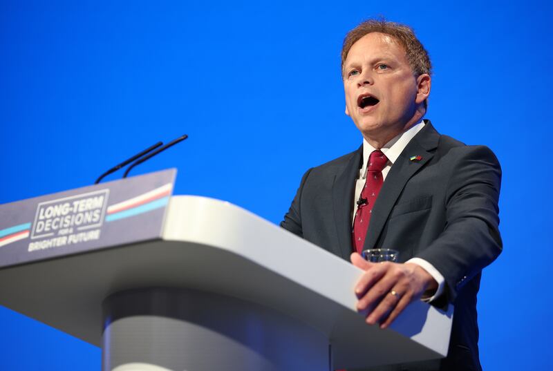 British Defence Secretary Grant Shapps speaks at the Conservative Party Conference in Manchester on Sunday. EPA