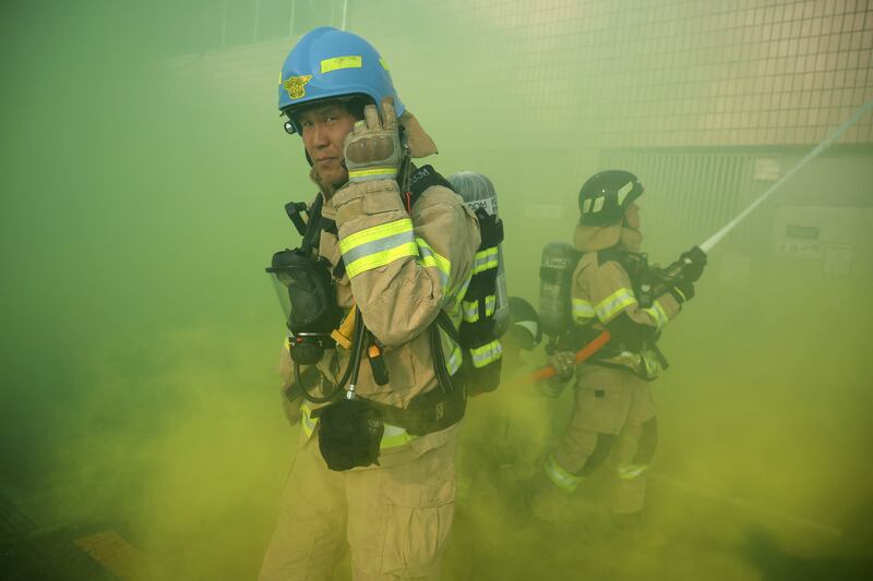 South Korean firefighters take part in an anti-terror drill against North Korea's possible provocations, in Seoul, South Korea. Reuters