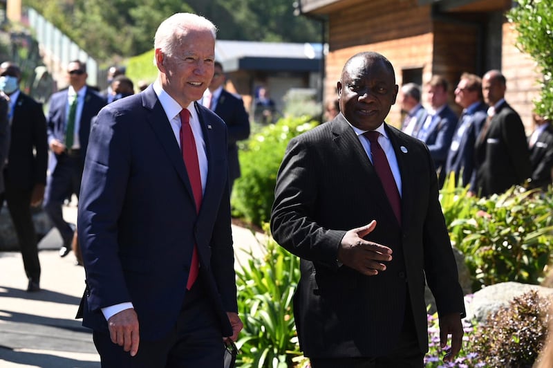 President Joe Biden with South Africa President Cyril Ramaphosa. AP