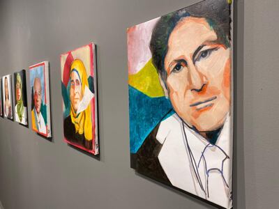 Jacqueline Bejani’s portraits capture famous Palestinian figures, such as Edward Said, seen far right. Faisal Saleh, Palestine Museum US