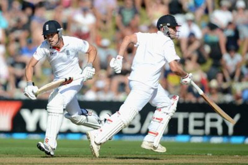 Nick Compton, left, and Jonathan Trott put together a 210-run partnership against New Zealand in Wellington.