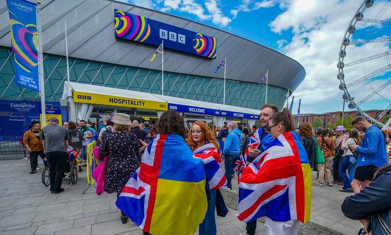 Fans head for the semi-final of the Eurovision Song Contest at the M&S Bank Arena in Liverpool. PA