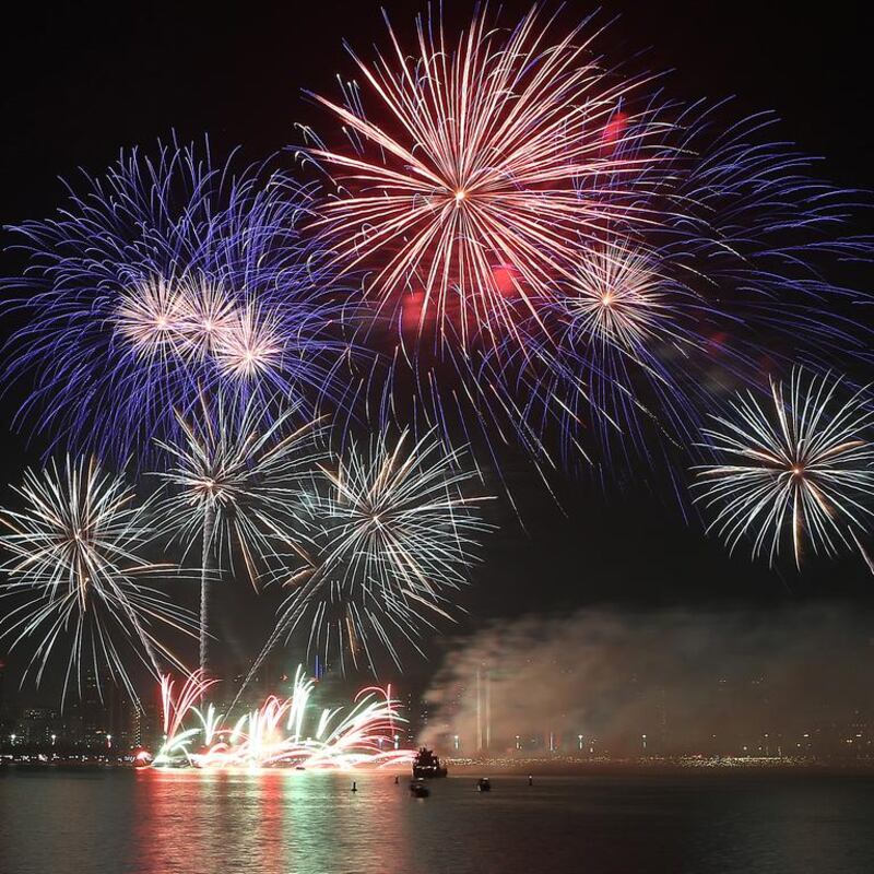 Fireworks explode along the Corniche in celebration of the 45th National Day in Abu Dhabi. Delores Johnson / The National