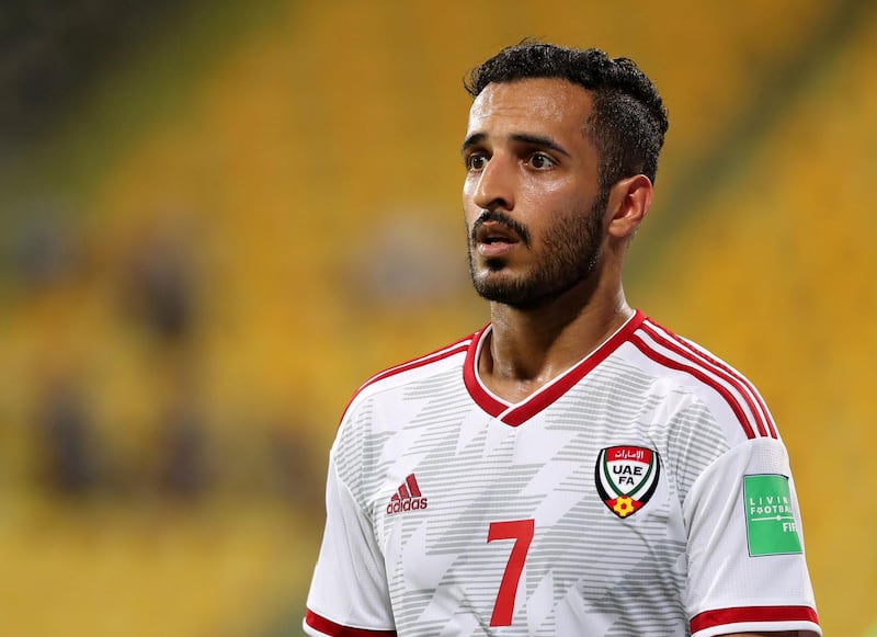 Ali Mabkhout of the UAE during the game between the UAE and Malaysia in the World cup qualifiers at the Zabeel Stadium, Dubai on June 3rd, 2021. Chris Whiteoak / The National. 
Reporter: John McAuley for Sport