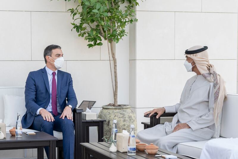 Sheikh Mohamed bin Zayed, Crown Prince of Abu Dhabi and Deputy Supreme Commander of the Armed Forces, meets Pedro Sanchez, Prime Minister of Spain at Al Shati Palace.