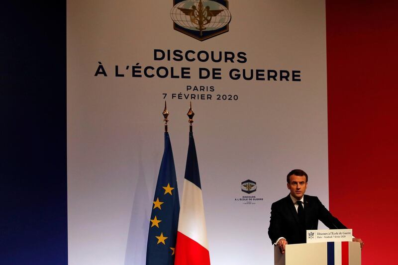 French President Emmanuel Macron delivers a speech about a EU defence strategy, at the Ecole Militaire, in Paris, France February 7, 2020. Francois Mori/Pool via REUTERS