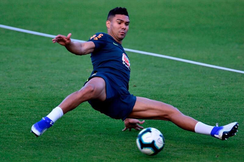 Brazil midfielder Casemiro takes part in a training session at Cidade do Galo, in Belo Horizonte, Brazil, ahead of the 2019 Copa America semi-final against Argentina. The match kicks off at 4.30am Wednesday UAE time. AFP