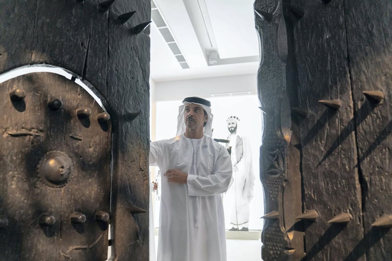 ABU DHABI, UNITED ARAB EMIRATES - December 05, 2018: HH Sheikh Hazza bin Zayed Al Nahyan, Vice Chairman of the Abu Dhabi Executive Council (C), views restoration work during the opening of Qasr Al Hosn. 

( Mohamed Al Hammadi / Ministry of Presidential Affairs )
---