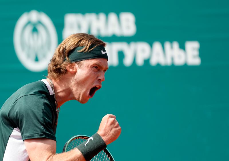 Andrey Rublev of Russia reacts during a tennis quarter-final match at the Serbia Open. AP Photo